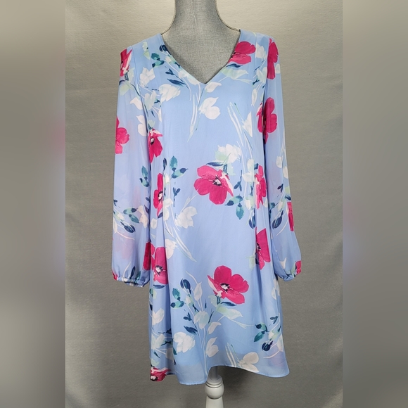 INC International Concepts Size XS Shift Dress Blue Pink Floral Long Sleeve - Picture 1 of 12